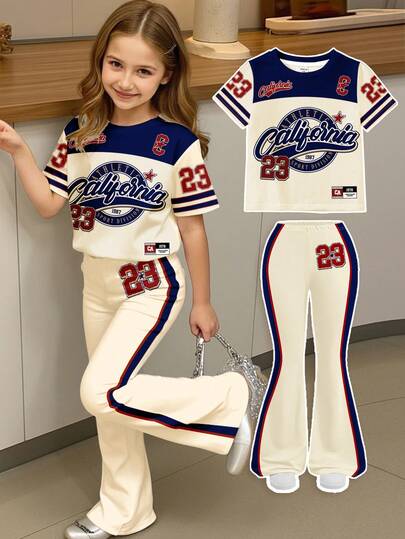 SHEIN 女童数字字母印花圆领短袖T恤和喇叭裤套装，休闲街头风，适合上学、运动、户外野餐、休闲外出、街头摄影、居家穿着。