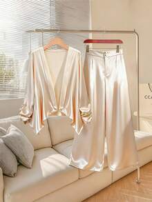 GlowEve CURVE Women's Fashionable Elegant Pleated Long Sleeve Blazer Jacket And Wide Leg Pants Set - Apricot - View 1