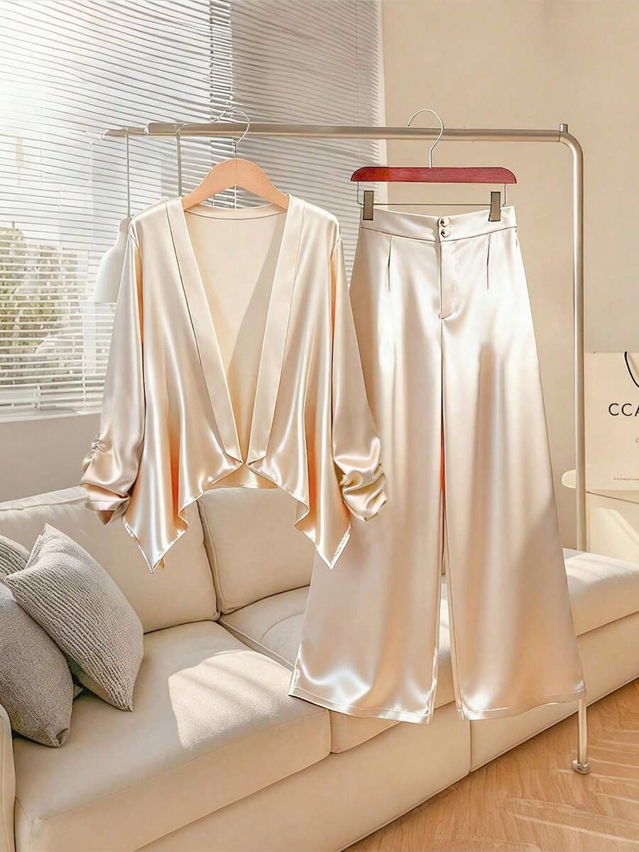 GlowEve CURVE Women's Fashionable Elegant Pleated Long Sleeve Blazer Jacket And Wide Leg Pants Set - Apricot - View 1