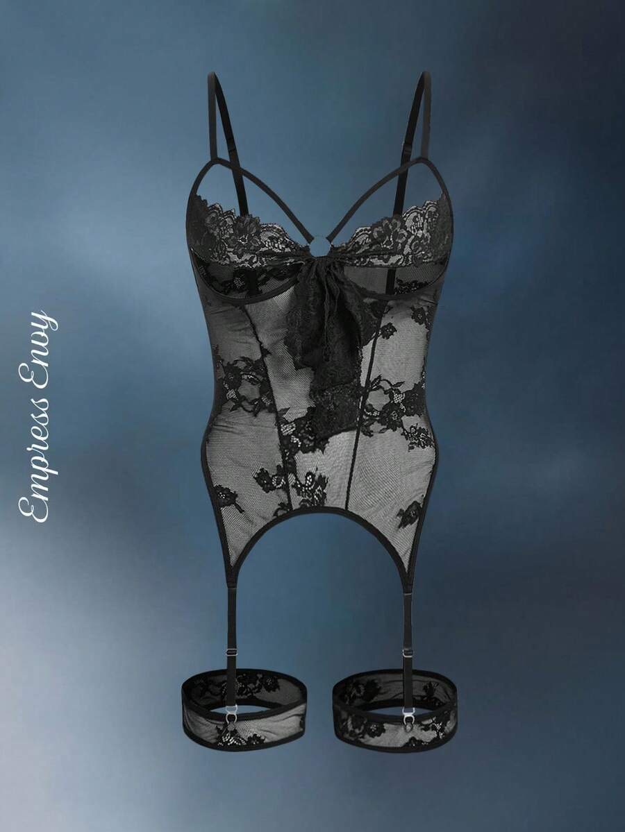 Bowknot Strap Sexy Alluring Hollow-Out Floral Lace Sheer Lingerie For Women - Black - View 1