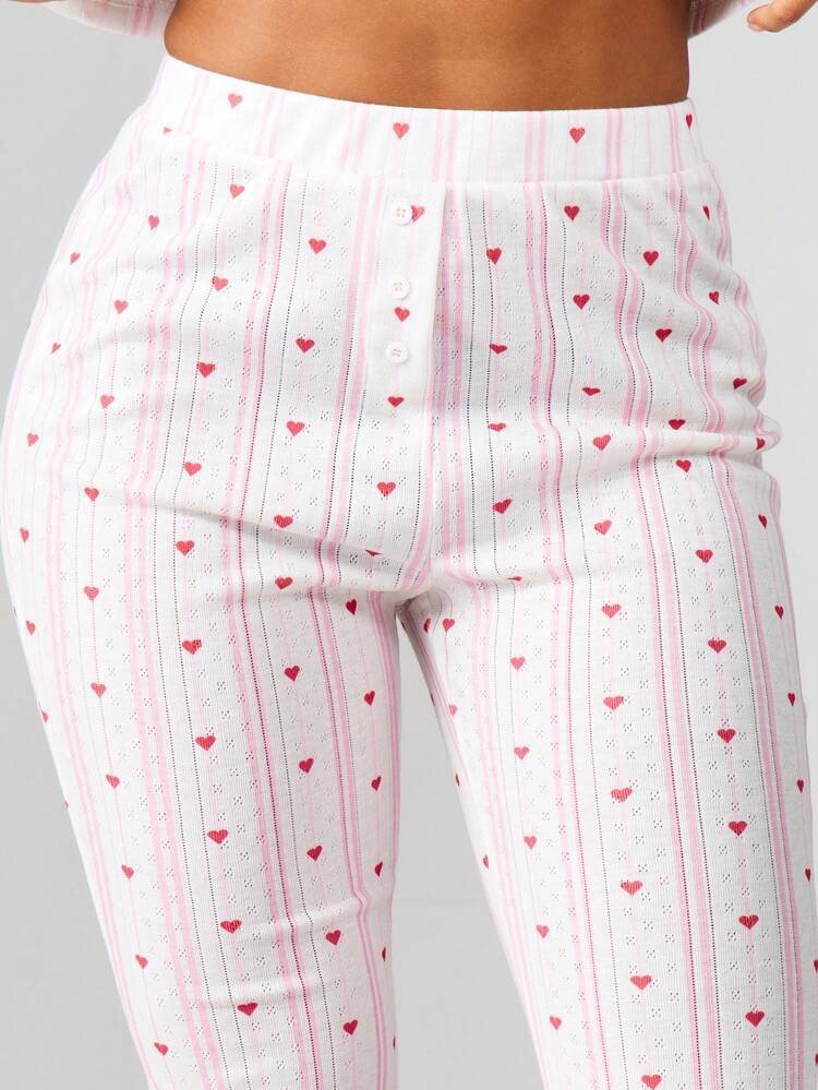 MISSGUIDED Set pigiama a maniche lunghe con stampa a cuori e pantaloni a costine, con strisce verticali, abbigliamento da notte e da relax