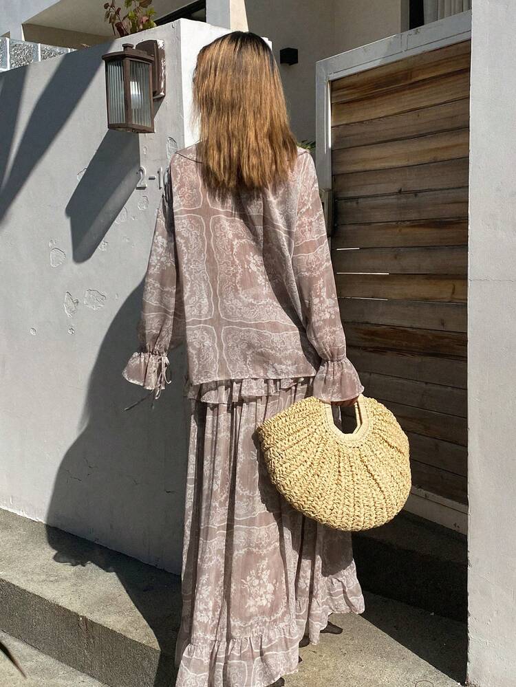 2pcs Women's Floral Print Loose V-Neck Ruffle Flare Sleeve Shirt And Long Skirt Elegant Vacation Set, Spring/Autumn