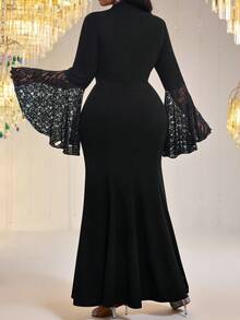 Fleurora 大码女士优雅派对喇叭袖黑色连衣裙 - 黑色 - 查看 2