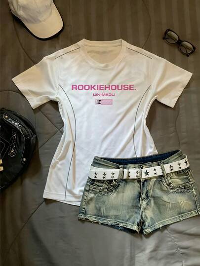 Glimmora Women's T-Shirt / American Style Pink Letter Print Short-Sleeved T-Shirt / Digital Print / 2026 Spring/Summer New Arrival / Casual, Simple, And Stylish Top / Women's Loose-Fitting Casual Student Versatile Top / Spring/Summer