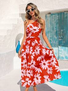 Vivid Eden 女士印花褶皱连衣裙，度假风 - 紅色 - 查看 3