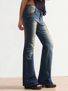 Bohemela Spodnie damskie w stylu boho jesień/zima/wiosna, casualowe, vintage z lat 90., dzwony, z kieszeniami i ćwiekami, idealne na koncerty w stylu western country, idealne na wakacje, na co dzień i do szkoły, na Boże Narodzenie i Nowy Rok - Wielokolorowe - Zobacz 2