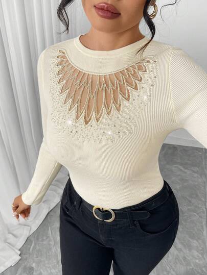 SHEIN Elenzya كنزة صوفية صوفية طويلة الأكمام ذات رقبة دائرية مناسبة للمقاسات الكبيرة، قطع شبكية مرصعة بالراين، أنيقة وجذابة لليلة المواعدة