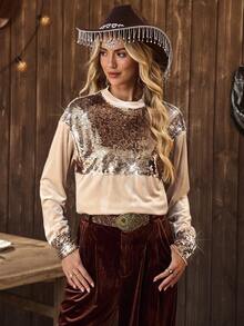 LanaWest Western Style Velvet Sequin Slit Long Sleeve Sweatshirt, Versatile For Winter New Year Party, Multi-Occasion Wear - Khaki - View 1