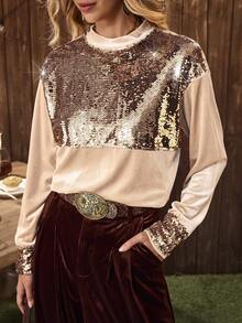 LanaWest Western Style Velvet Sequin Slit Long Sleeve Sweatshirt, Versatile For Winter New Year Party, Multi-Occasion Wear - Khaki - View 3