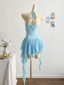Soleia Váy ngắn hở lưng dáng chữ A, viền không đều, chất liệu lưới đan màu xanh lãng mạn, phù hợp cho ngày lễ tình nhân, phong cách vườn, thanh tao, phóng khoáng, boho, kỳ nghỉ, mùa thu - Màu xanh nhạt - Xem 2