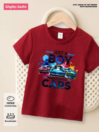 GraphicGems Young Boy“只是一个爱汽车的男孩”彩色涂鸦印花圆领短袖T恤