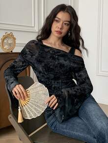 EastFlair Women's Floral Asymmetric Neck Long Sleeve Ruched Fitted Stylish Blouse/Summer\Vacation - Black - View 2