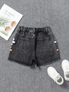 少女牛仔裤，春夏新品，Y2K风格，黑灰牛仔布，3D立体花卉刺绣，阔腿破洞牛仔短裤，毛边裤脚，舒适棉质牛仔面料，适合休闲、上学、通勤等场合。 - 灰色 - 查看 2