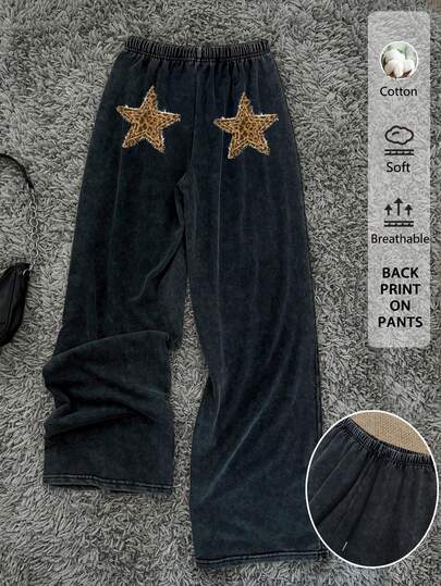 Attitoon Pantalones de chándal de corte relajado, cintura baja y pierna recta con estampado gráfico de efecto leopardo y estrella, estilo casual de calle, adecuados para el verano, con efecto lavado