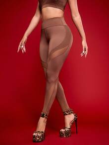 Menodora SHEIN Sport Women's Casual Sports Mesh Patchwork Jumpsuit - Brown - View 5