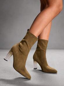 CUCCOO SZL Women's Pointed Toe Fashionable Versatile High Heel Mid-Calf Boots For Christmas - Khaki - View 7