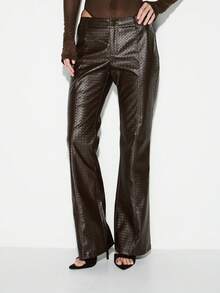 KIZN Women's Faux Leather Textured Diamond Pattern Flare Pants High Waisted Palazzo Wide Leg Trousers Fall Winter Fashion - Coffee Brown - View 1