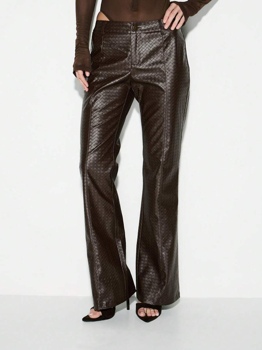 KIZN Women's Faux Leather Textured Diamond Pattern Flare Pants High Waisted Palazzo Wide Leg Trousers Fall Winter Fashion - Coffee Brown - View 1