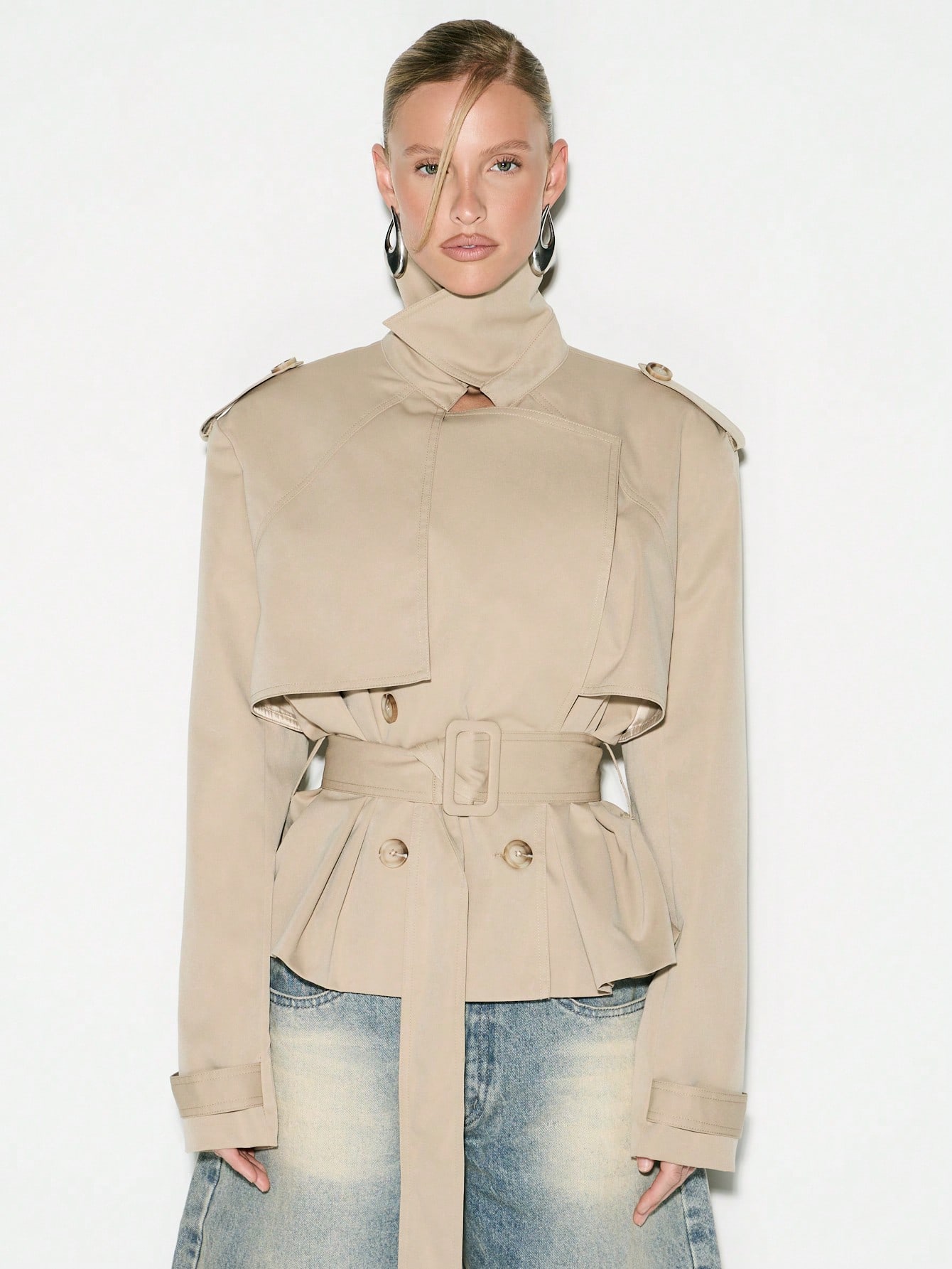 KIZN Cropped Trench Coat With Shoulder Pads