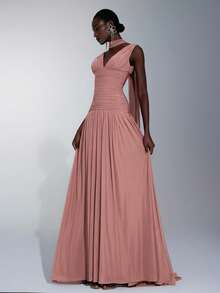 Elitara 优雅酒红色亮面网纱V领褶皱超大A字裙（可拆卸吊带雪纺荷叶边），适合约会、单身派对、婚礼、正式场合、伴娘礼服 - 藕粉色 - 查看 6