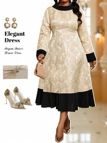 Fleurora 大码压纹撞色滚边圆领优雅长袖连衣裙 - 金色 - 查看 4