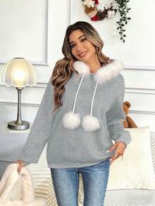 SHEIN LUNE Áo nỉ rộng rãi có mũ trùm đầu chắp vá lông thú dành cho nữ, trang phục thu đông cho năm mới - Xám - Xem 3