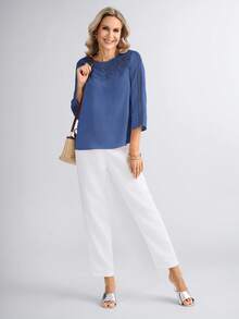 Miaspire Guipure Lace Insert Women's Casual Vacation Blouse, Spring/Summer Mothers Day Gift For Mom - Blue - View 4