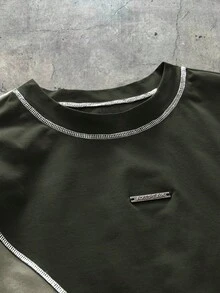 AXEPEAK Contrast Color Round Neck Loose Fit Men's T-Shirt - Green - View 3