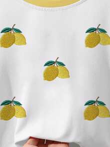 Summer Vibe Lemon Embroidery, Fashionable Casual Colorblock Crew Neck Fitted Cropped T-Shirt, Suitable For Daily Wear - White - View 3