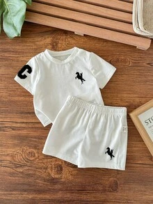 Bộ áo sơ mi tay ngắn in họa tiết màu trắng dễ thương phong cách sinh viên giản dị dành cho bé trai sơ sinh và quần short cạp chun - Màu be - Xem 10