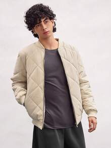 Open Phase Abrigo acolchado con patrón de diamantes y cuello de béisbol para hombres, ideal para otoño e invierno, para combinar a diario, regalo para novio/esposo - Blanco - Ver 8