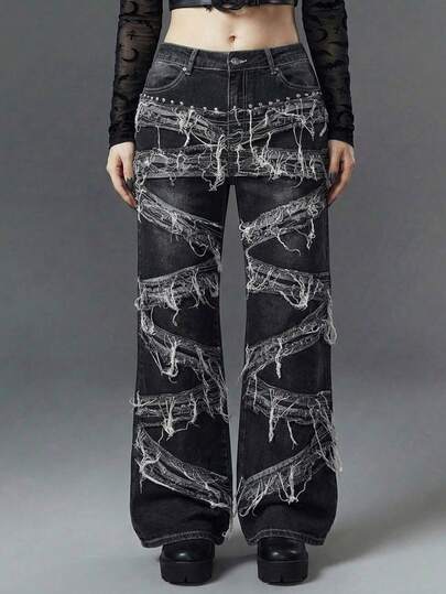 Goth Plus Size Women Grunge-Punk Casual Fashion Street Style Rivet Frayed Washed Denim Jeans, Autumn/Winter