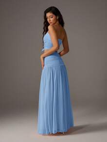 SHEIN PETITE Bộ 2 món áo bandeau lưới trơn màu và chân váy maxi cho nữ - Màu xanh lam - Xem 2