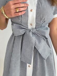 SHEIN LUNE Women Vacation Dress Preppy Dress Casual Dress For Summer Vacation Outfits Women Blue And White Short-Sleeve Casual Short Dress Casual Dress For Women - Blue and White - View 6
