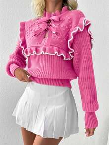 SHEIN Women's Stand Collar Ruffle Hollow Bowknot Decor Casual Versatile Party Autumn/Winter Long Sleeve Sweater - Pink - View 5
