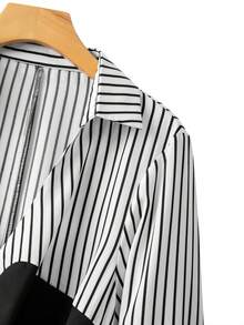 GlowEve CURVE Plus Size Women's Fashion Asymmetrical Hem Black & White Patchwork Ruched V-Neck Blouse, Stylish For Work, Autumn/Winter - Multicolor - View 3