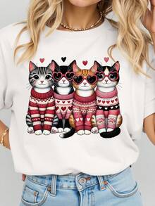 EMERY ROSE Cute Cat Love Dress Up Sweet Sister Style Print Casual Plus Size T-Shirt - White - View 1