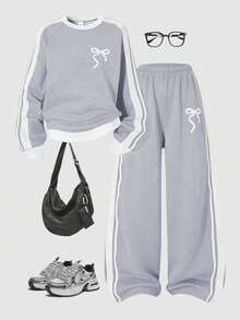 Sparklyn 2 Stücke/Set Mädchen Lässig Minimalistisch Schleife Dekor Rundhals Langarm Sweatshirt und Hose Set - Grau - Übersicht 1