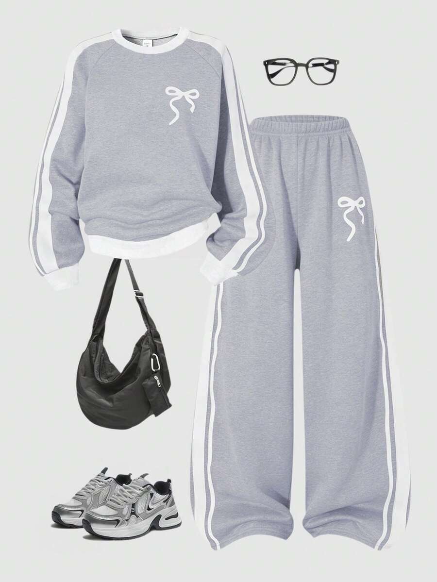 Sparklyn 2 Stücke/Set Mädchen Lässig Minimalistisch Schleife Dekor Rundhals Langarm Sweatshirt und Hose Set - Grau - Übersicht 1