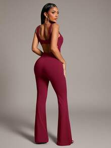 Radiana 大码女式酒红色露背无袖喇叭连体裤，高个款 - 酒紅色 - 查看 5