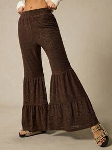 SoleilVie 女士纯色弹力腰时尚喇叭裤，波西米亚风 - 咖啡棕 - 查看 1