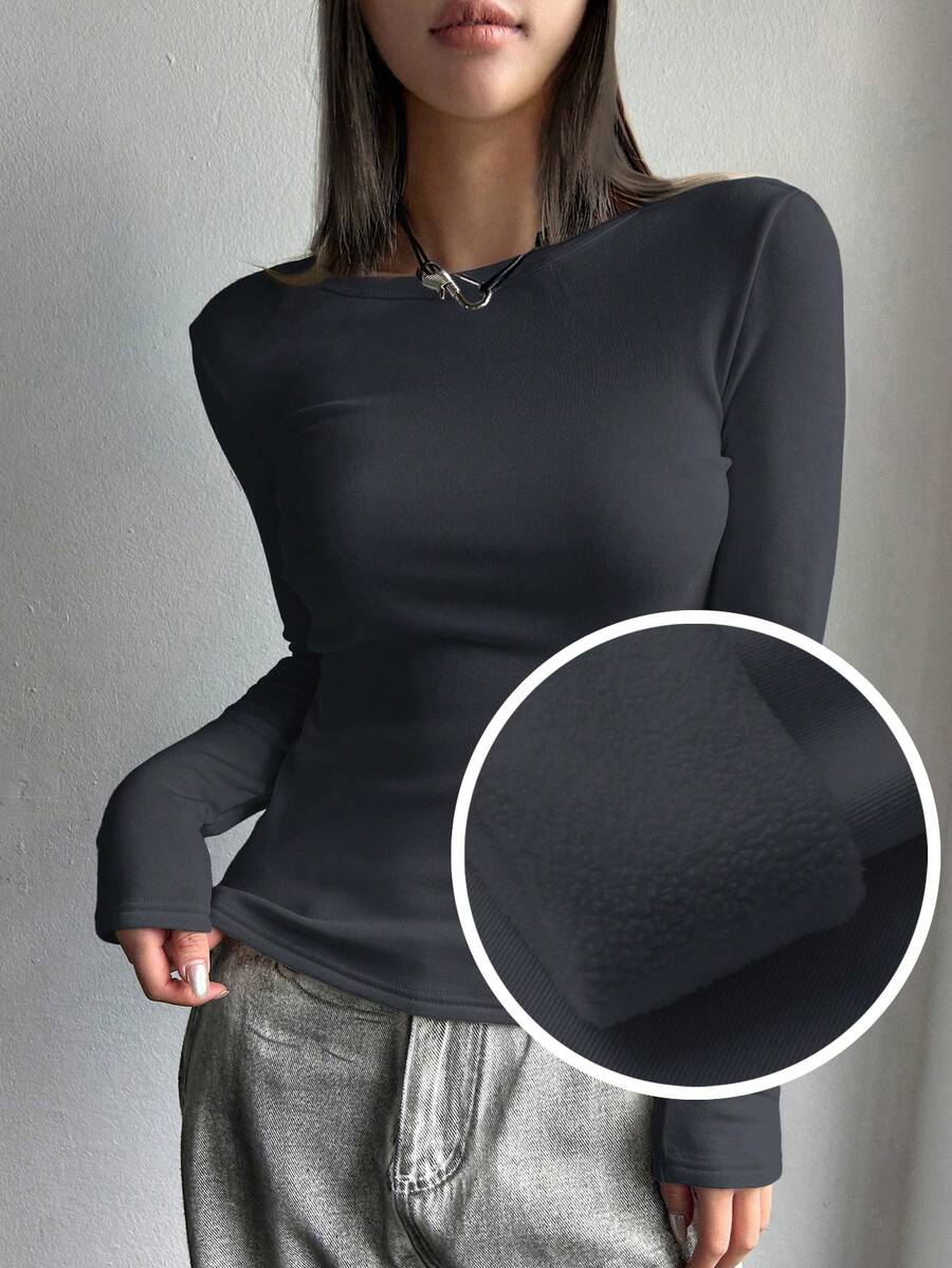 DAZY 女士休闲日常通勤简约纯黑色保暖长袖修身T恤,秋冬季 - 深灰色 - 查看 1