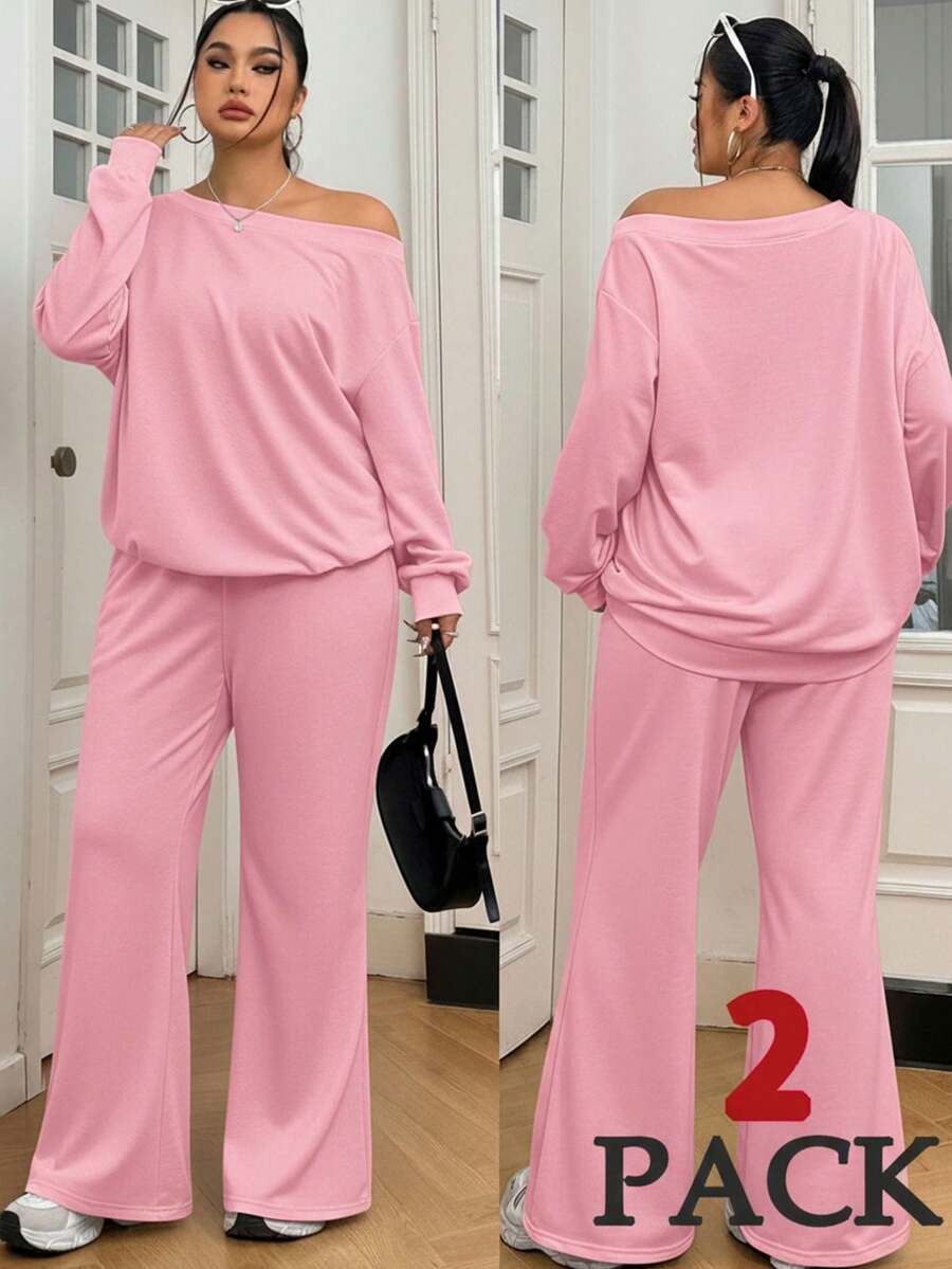 Solflare Bộ 2 món/Bộ áo hở vai và quần dài thường ngày cỡ lớn cho nữ, màu hồng - Hồng - Xem 1