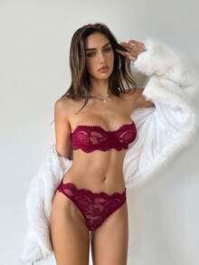 Aloruh 2件套女士优雅性感蕾丝内衣套装 - 酒紅色 - 查看 8