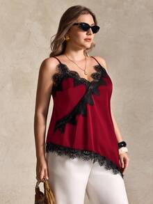 Elegantrix Plus Size Women Urban Casual Lace Asymmetric Hem V-Neck Patchwork Solid Color Cropped Camisole - Red - View 4
