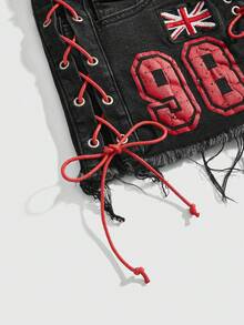 ROMWE Grunge Punk Sports Style UK Flag Patch Contrast Color Drawstring Design Super Low Waist Denim Bodycon Mini Skirt - Black - View 5