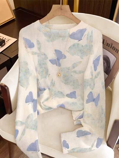 Women's Casual Vacation Style Butterfly & Rabbit Print Loose Knit Sweater, Autumn/Winter