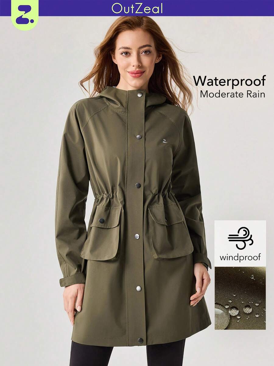 OutZeal 女士防水三层科技面料抽绳连帽长款户外外套，适合秋冬季露营徒步 - 軍綠色 - 查看 1