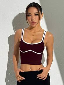 Slayform 女士夏季时尚撞色滚边露脐修身运动背心 - 酒紅色 - 查看 3