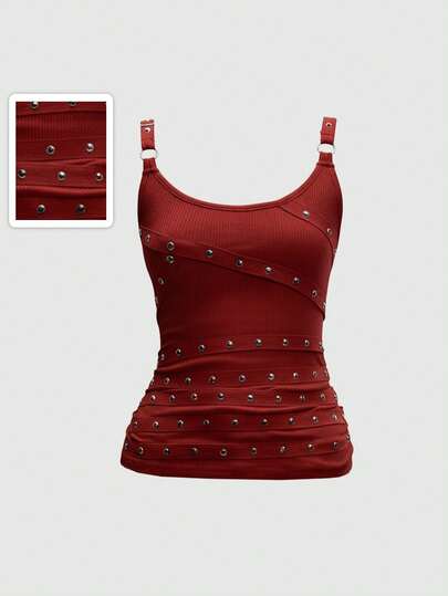 Grunge Punk Women's Kpop Sleeveless Sexy Spaghetti Strap Low-Cut Black Vest With Studs, Rhinestones And Ribbons, Suitable For Summer Beach, Graduation, Easter, Concerts, Nashville Vacations, Music Festivals, Rock